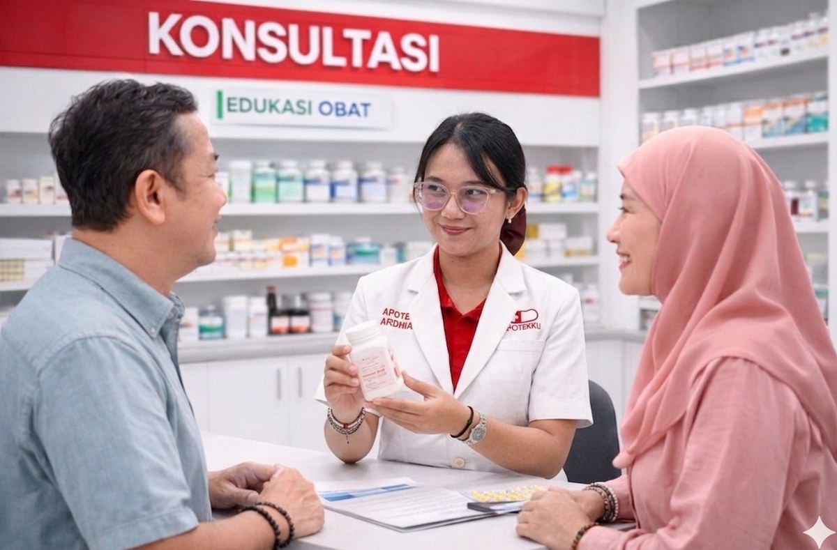 Apotekku pharmacist consulting two customers under KONSULTASI sign